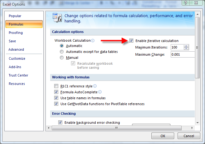 excel macro enable iterative calculations